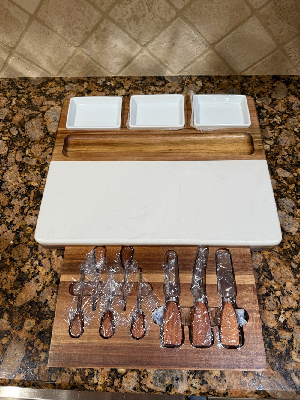 Wood & Marble Cheese Serving Board Set with White Ceramic Dishes